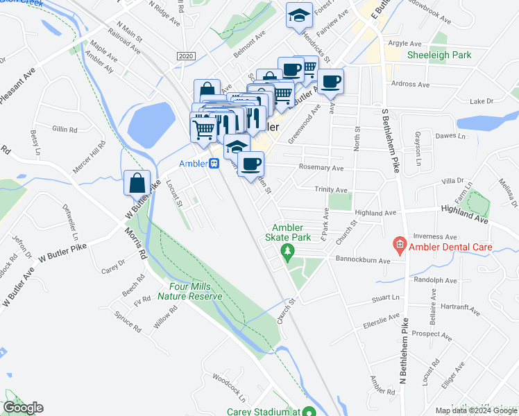map of restaurants, bars, coffee shops, grocery stores, and more near 5 Orange Avenue in Ambler