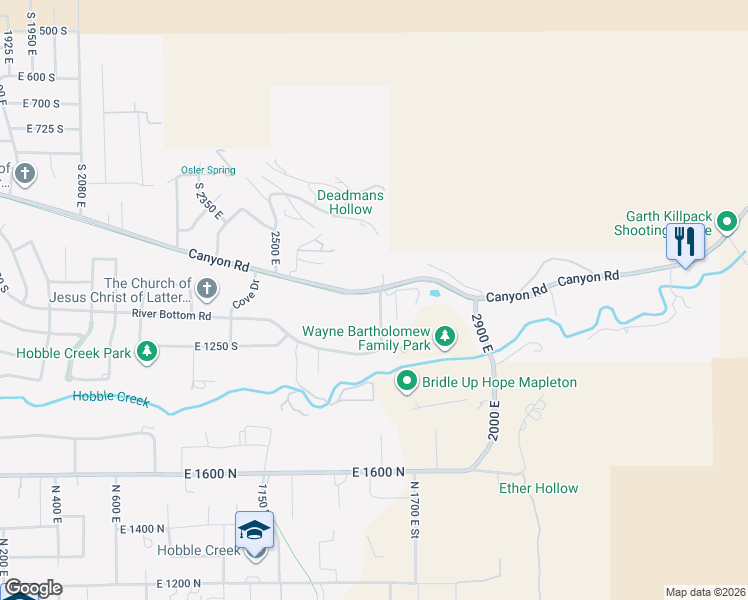 map of restaurants, bars, coffee shops, grocery stores, and more near 2692 Canyon Road in Springville