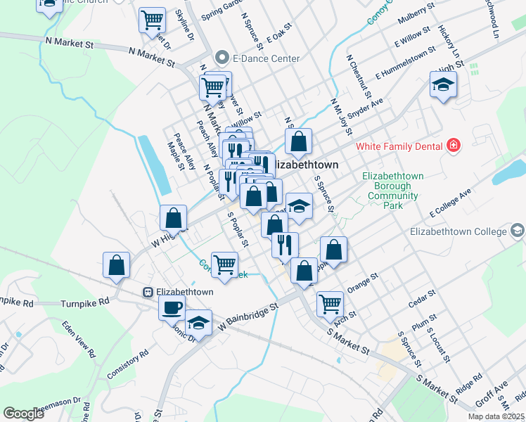 map of restaurants, bars, coffee shops, grocery stores, and more near 45 State Highway 743 in Elizabethtown