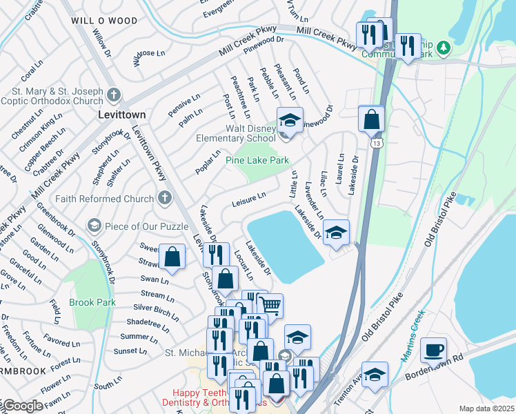 map of restaurants, bars, coffee shops, grocery stores, and more near 428 Lakeside Drive in Levittown