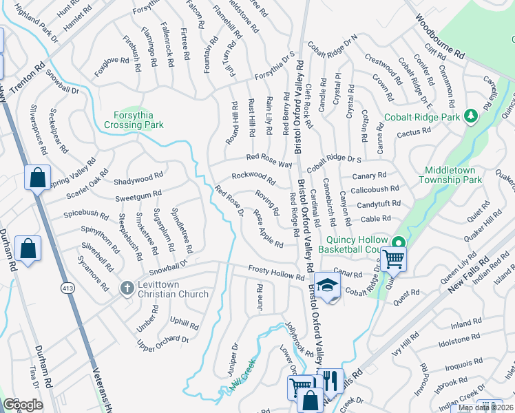 map of restaurants, bars, coffee shops, grocery stores, and more near 11 Rose Apple Road in Levittown