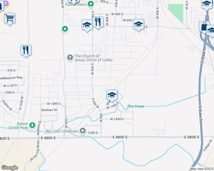map of restaurants, bars, coffee shops, grocery stores, and more near 743 West 1150 South in Springville