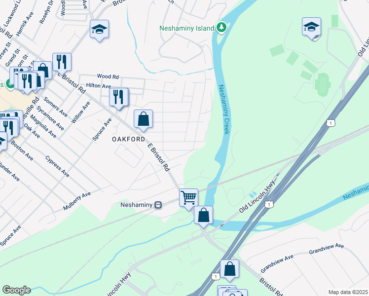 map of restaurants, bars, coffee shops, grocery stores, and more near 1252 Falls Avenue in Feasterville-Trevose