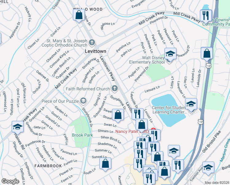 map of restaurants, bars, coffee shops, grocery stores, and more near 479 Stonybrook Drive in Levittown