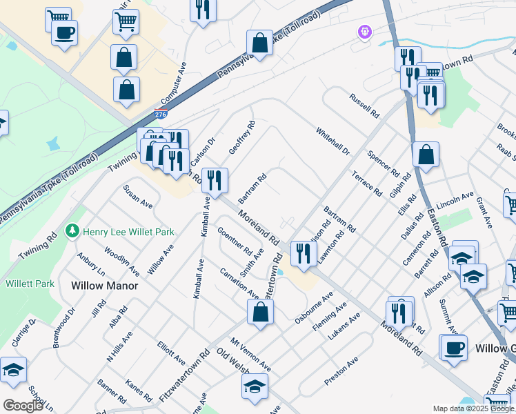 map of restaurants, bars, coffee shops, grocery stores, and more near 3550 Bartram Road in Willow Grove