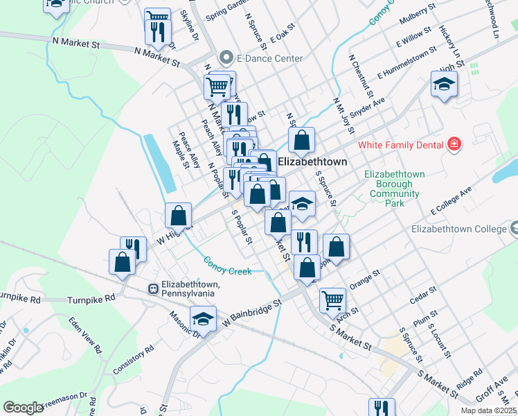 map of restaurants, bars, coffee shops, grocery stores, and more near 45 State Highway 743 in Elizabethtown