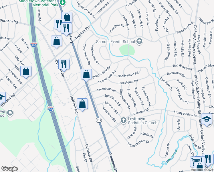 map of restaurants, bars, coffee shops, grocery stores, and more near 31 Spicebush Road in Levittown