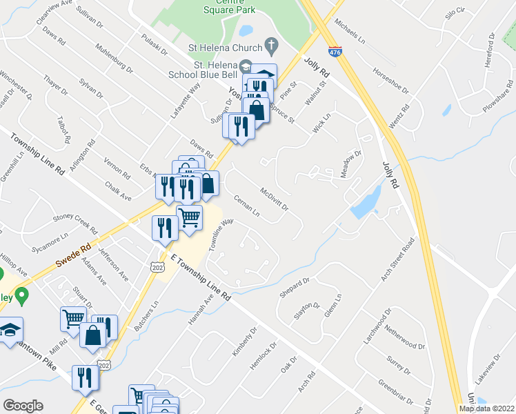map of restaurants, bars, coffee shops, grocery stores, and more near 1343 Cernan Lane in Blue Bell