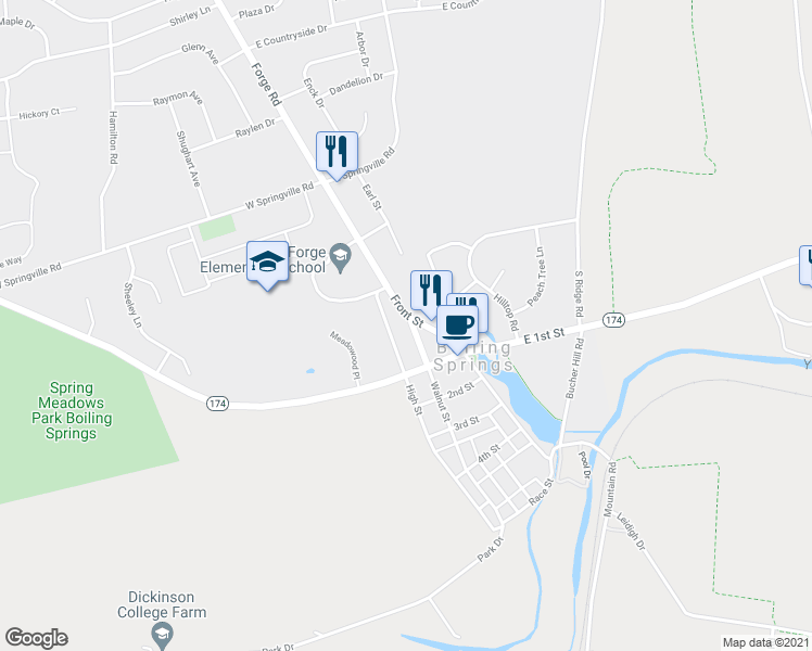 map of restaurants, bars, coffee shops, grocery stores, and more near 19 Walnut Street in Boiling Springs