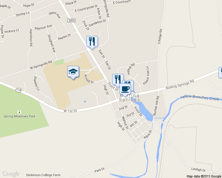 map of restaurants, bars, coffee shops, grocery stores, and more near 19 Walnut Street in Boiling Springs