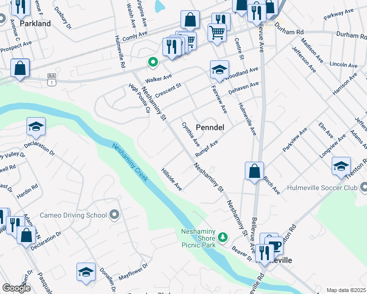 map of restaurants, bars, coffee shops, grocery stores, and more near 532 Neshaminy Street in Penndel