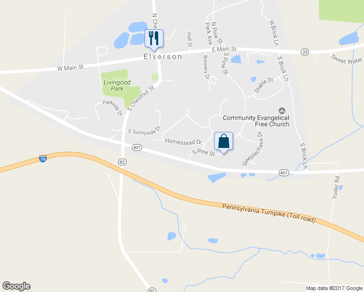 map of restaurants, bars, coffee shops, grocery stores, and more near 623 Homestead Dr in Elverson