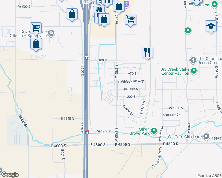 map of restaurants, bars, coffee shops, grocery stores, and more near 1830 1120 South in Springville