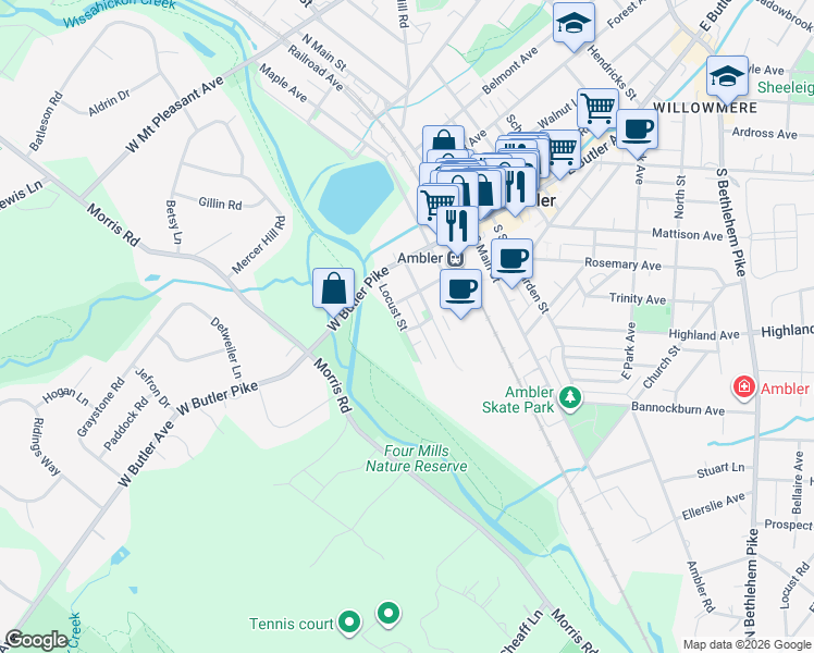 map of restaurants, bars, coffee shops, grocery stores, and more near 23 Center Street in Ambler