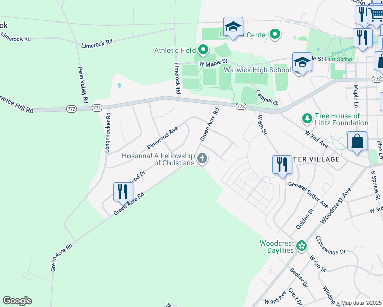 map of restaurants, bars, coffee shops, grocery stores, and more near 28 Green Acre Road in Lititz