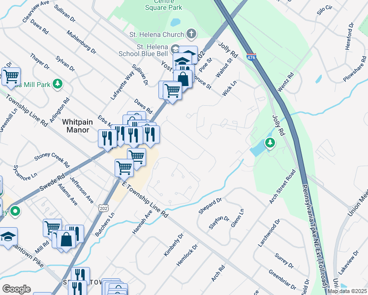 map of restaurants, bars, coffee shops, grocery stores, and more near 1343 Cernan Lane in Blue Bell