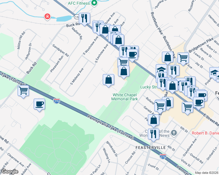 map of restaurants, bars, coffee shops, grocery stores, and more near 101 East Pennsylvania Boulevard in Feasterville-Trevose