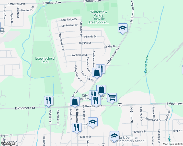 map of restaurants, bars, coffee shops, grocery stores, and more near 1500 Glenview Avenue in Danville