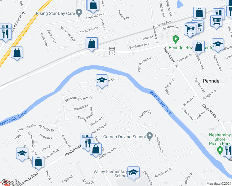 map of restaurants, bars, coffee shops, grocery stores, and more near 3021 Alden Court in Bensalem