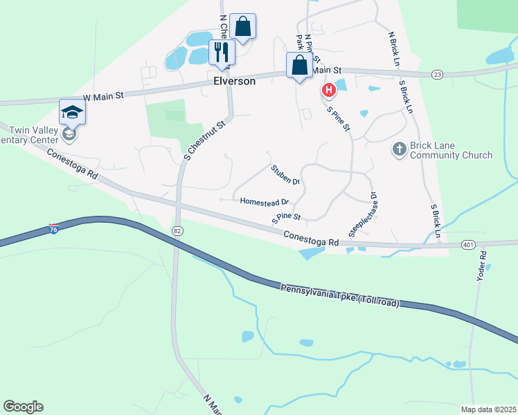 map of restaurants, bars, coffee shops, grocery stores, and more near 623 Homestead Drive in Elverson