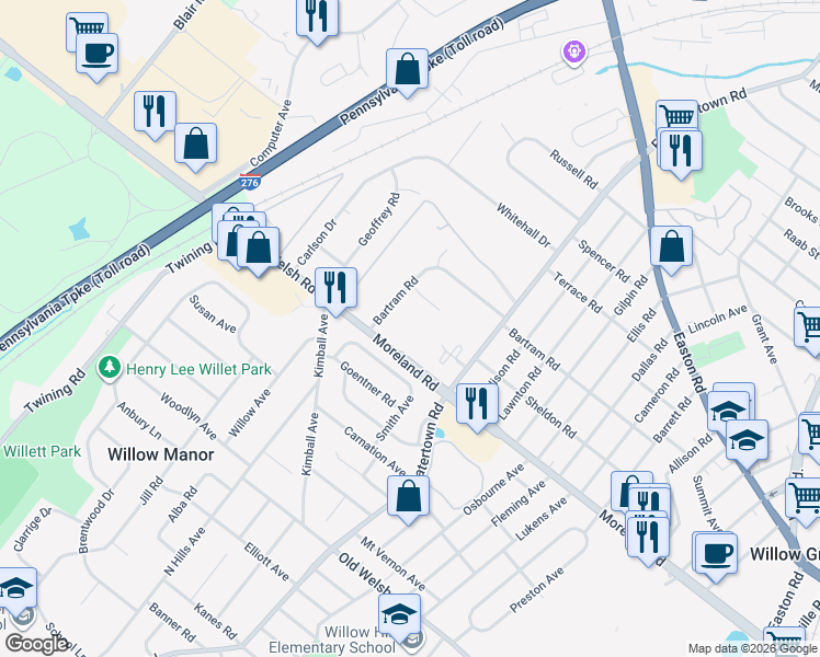 map of restaurants, bars, coffee shops, grocery stores, and more near 3550 Bartram Road in Willow Grove