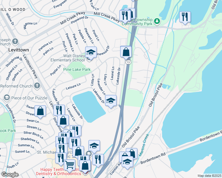 map of restaurants, bars, coffee shops, grocery stores, and more near 10 Lilac Lane in Levittown