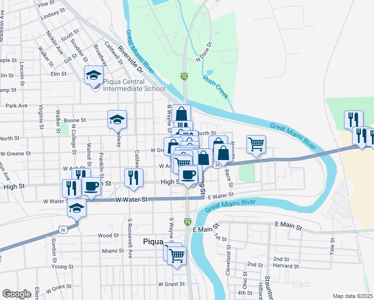 map of restaurants, bars, coffee shops, grocery stores, and more near 115 East Greene Street in Piqua