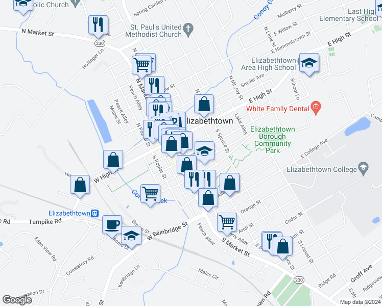 map of restaurants, bars, coffee shops, grocery stores, and more near 39 East Park Street in Elizabethtown