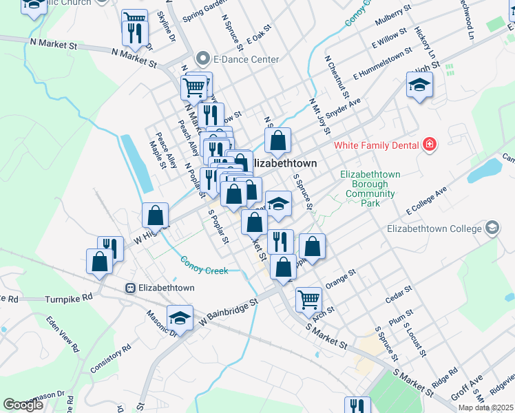 map of restaurants, bars, coffee shops, grocery stores, and more near 33 East Park Street in Elizabethtown