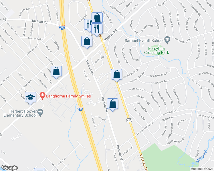 map of restaurants, bars, coffee shops, grocery stores, and more near 1338 Veterans Highway in Levittown