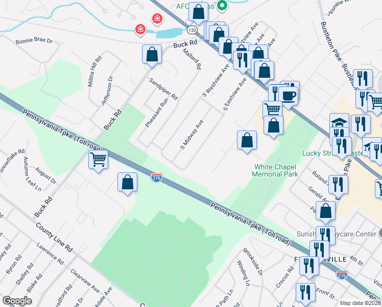 map of restaurants, bars, coffee shops, grocery stores, and more near 145 South Eastview Avenue in Feasterville-Trevose