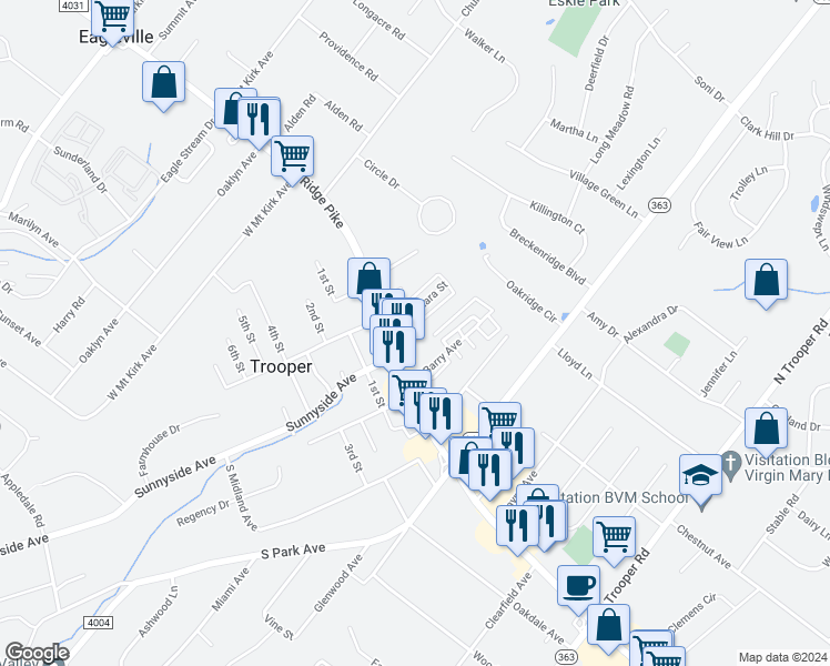 map of restaurants, bars, coffee shops, grocery stores, and more near 117 Devon Drive in Trooper
