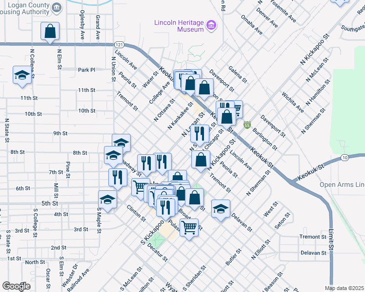 map of restaurants, bars, coffee shops, grocery stores, and more near 328 North Logan Street in Lincoln