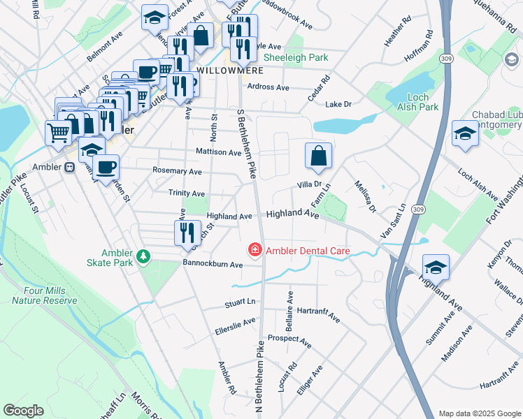 map of restaurants, bars, coffee shops, grocery stores, and more near 701 South Bethlehem Pike in Ambler