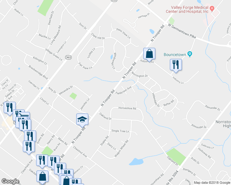 map of restaurants, bars, coffee shops, grocery stores, and more near 2510 Fieldcrest Avenue in Norristown
