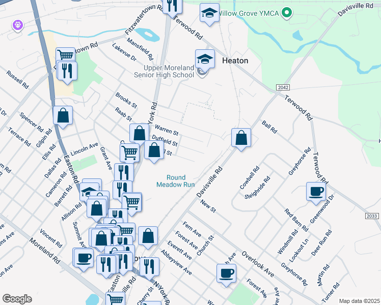 map of restaurants, bars, coffee shops, grocery stores, and more near 176 Duffield Street in Willow Grove
