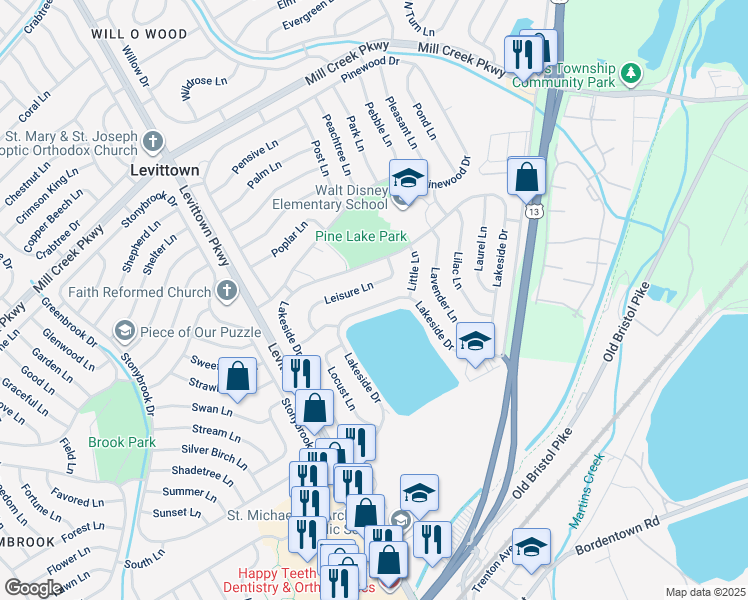 map of restaurants, bars, coffee shops, grocery stores, and more near 422 Lakeside Drive in Levittown