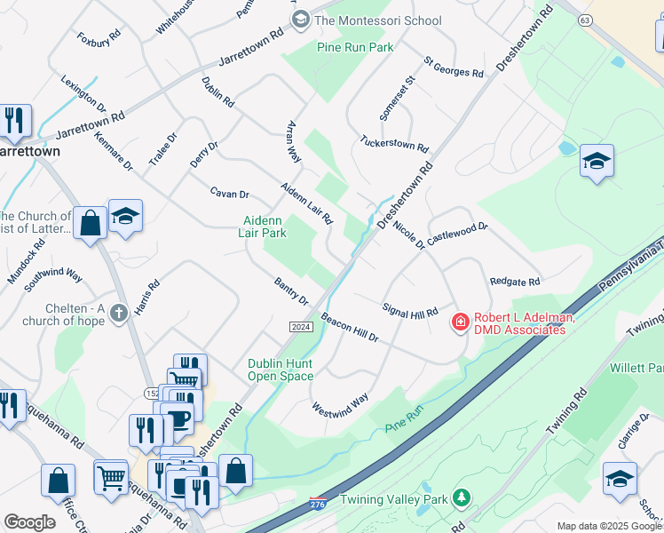 map of restaurants, bars, coffee shops, grocery stores, and more near 1745 Aidenn Lair Road in Dresher