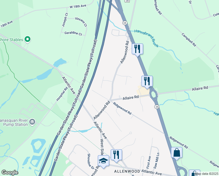 map of restaurants, bars, coffee shops, grocery stores, and more near 2231 Allenwood Road in Wall Township