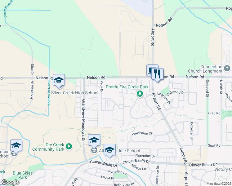 map of restaurants, bars, coffee shops, grocery stores, and more near 630 South Peck Drive in Longmont