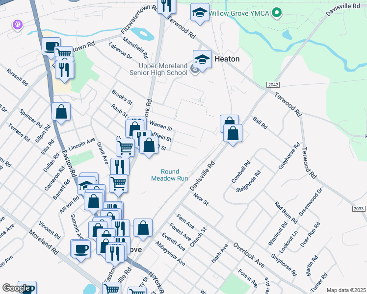 map of restaurants, bars, coffee shops, grocery stores, and more near 176 Duffield Street in Willow Grove
