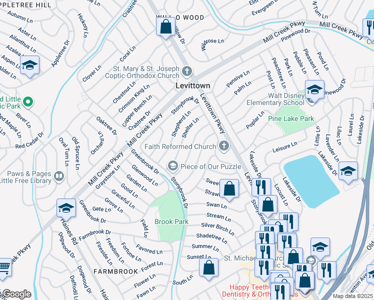 map of restaurants, bars, coffee shops, grocery stores, and more near 39 Sugarmaple Lane in Levittown