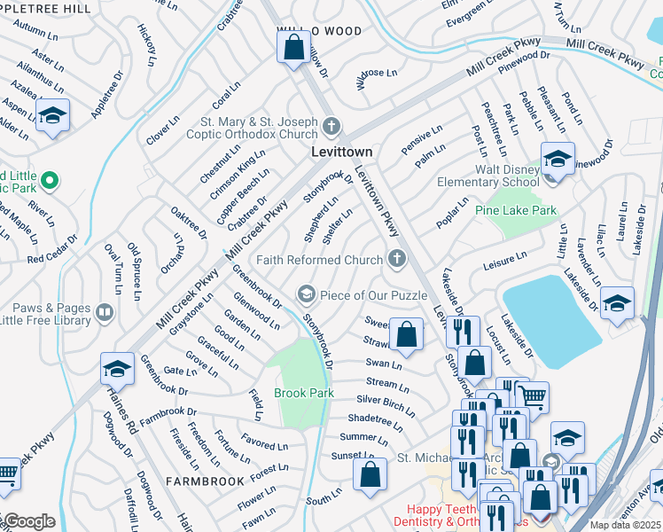 map of restaurants, bars, coffee shops, grocery stores, and more near 39 Sugarmaple Lane in Levittown