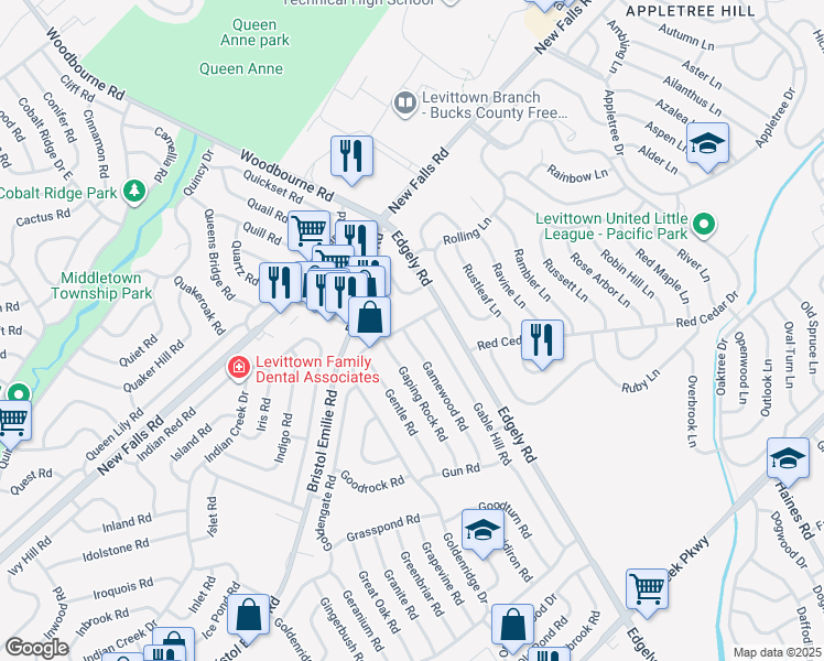 map of restaurants, bars, coffee shops, grocery stores, and more near 77 Gamewood Road in Levittown