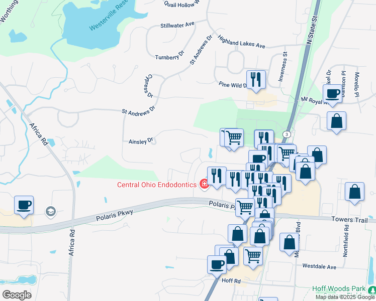 map of restaurants, bars, coffee shops, grocery stores, and more near 165 Red Bluff Ln in Westerville