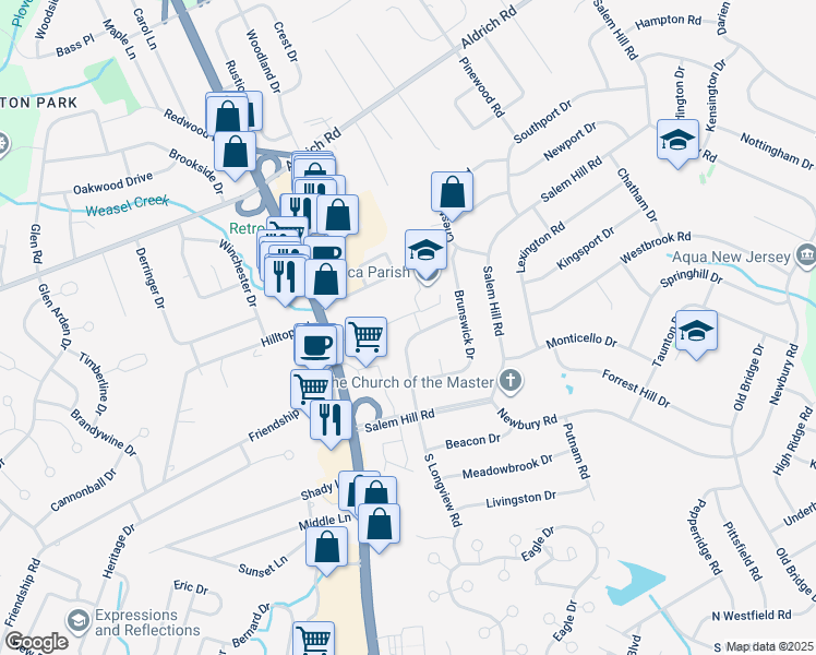 map of restaurants, bars, coffee shops, grocery stores, and more near 18 North Longview Road in Howell Township