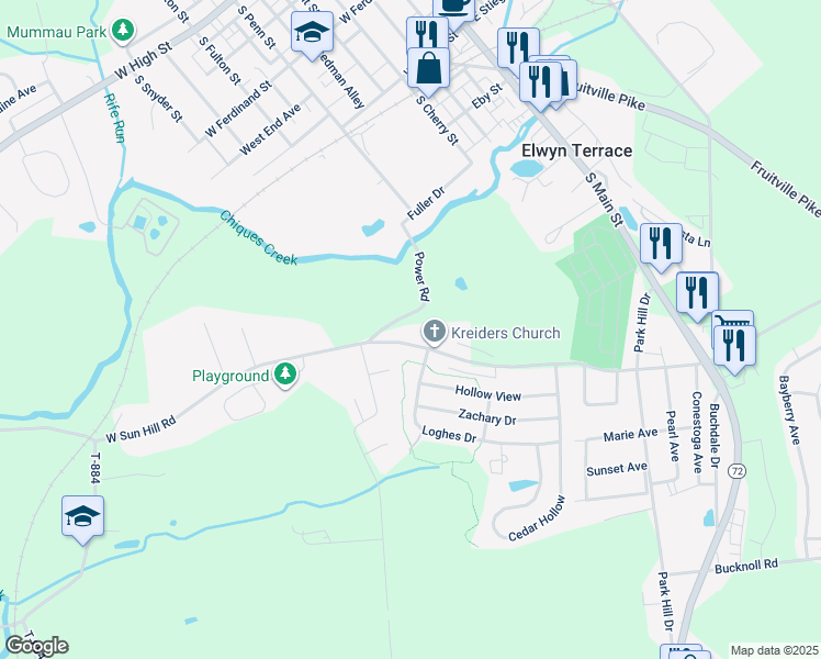 map of restaurants, bars, coffee shops, grocery stores, and more near 663 Power Road in Manheim