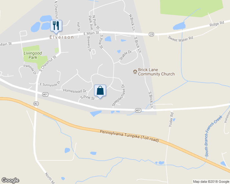 map of restaurants, bars, coffee shops, grocery stores, and more near 91 Ascot Drive in Elverson