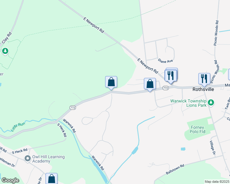 map of restaurants, bars, coffee shops, grocery stores, and more near 1502 Rothsville Road in Lititz