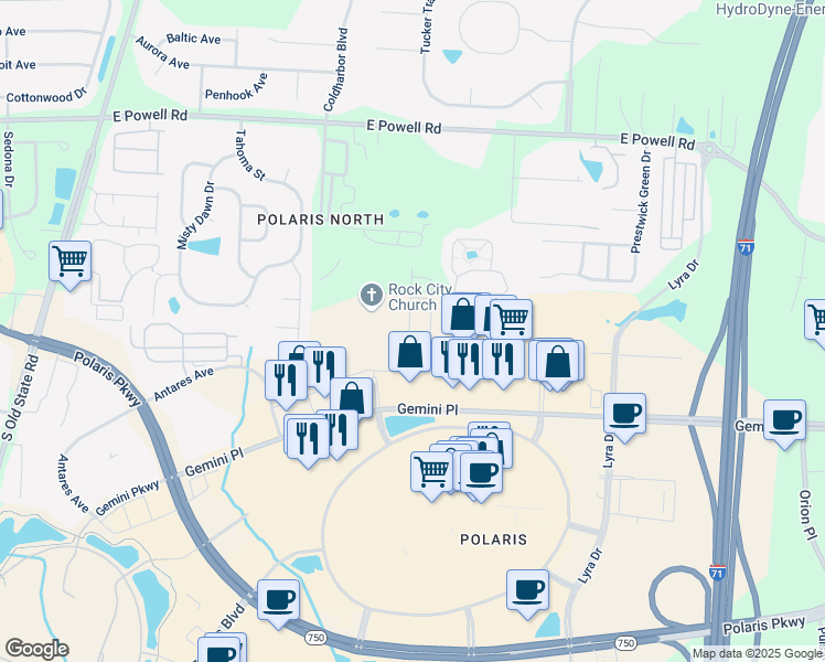 map of restaurants, bars, coffee shops, grocery stores, and more near 8968 Cobalt Moon Crossing in Columbus